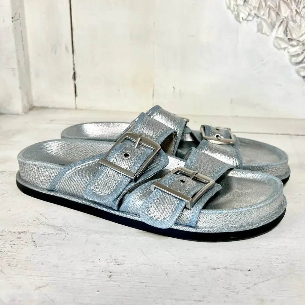 Zara Metallic Light Blue Double Buckle Slide Sandals - Picture 5 of 8